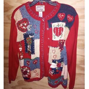 VTG Heirloom Collectibles Patchwork Medium Holiday Applique Cardigan Cottagecore